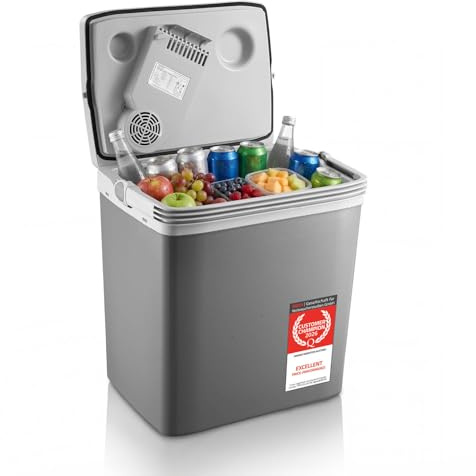 TZS First Austria - Frigo Portatile Elettrico 32L - Tripla Alimentazione con USB-C PD 3.0 - Raffreddamento e Riscaldamento - 12V/230V/USB-C - Minibar - Grigio