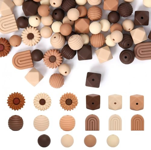 Silikon Perlen,76 Stück Silikonperlen Bastelnperlen holzperlen um auffädeln | Blumenförmige Runde Lose Silikonperlen Polygon Bastelperlen für DIY Schlüsselanhänge,Halsketten, Armbänder