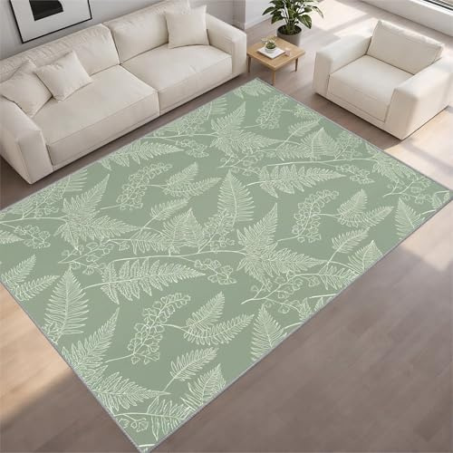 BEQUTIY Rustic Fern Leaf Area Rug （90 x 120 cm） Muted Sage Green Fern Rug Pastel Green Nature Inspired Carpet, Minimalist Botanical Floor Mat for Lounge Conservatory, Durable Low Pile Washable