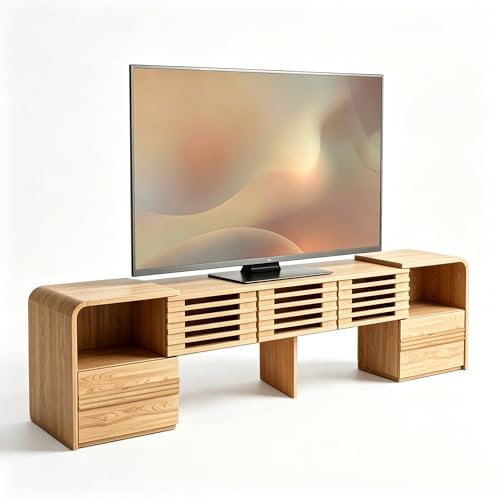 eGenuss TV Lowboard ausziehbar in Heller Eichenoptik, TV Board mit Lamellentüren und drehbaren Modulen, skandinavisches Lowboard für Fernseher bis 60 Zoll, Stauraum, 162 cm