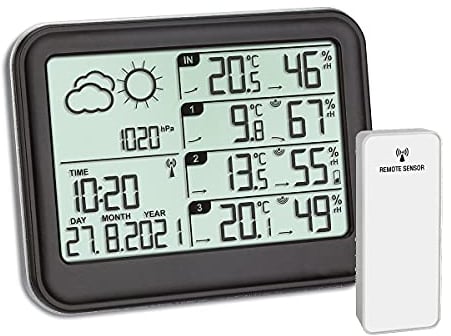 TFA Dostmann Funk-Wetterstation View, 35.1142.01, mit 3 Aussensender, inkl Funkuhr, Wettervorhersage mit Luftdruck, mit Temperatur und Luftfeuchtigkeit, schwarz, L 131 x B 26 (63) x H 102 (98) mm