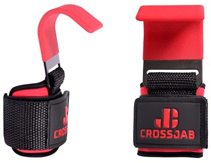 Weight Lifting Hooks Red Straps Pair, Neoprene Padded Wrist Wrap Support Non Slip Rubber Coated Grip Deadlift Powerlifting Chin Pull Up Exercise Fitness Training Bodybuilding Gym Workout