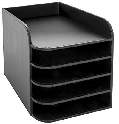 OSCO Black Faux Leather Five Tier Designer Letter Tray | A4 | Desk File Organiser | Paper Storage | Office Document Sorter | Paperwork Filing | No Assembly Required | H28.8 x W25 x D33.5 cm |