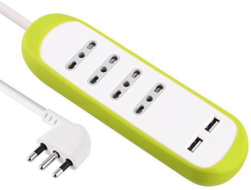 Electraline 62062 Multipresa 4 Posti Bivalenti 10/16A e 2 USB 2.1A con Copertura Protettiva e Antiscivolo di Silicone, Verde