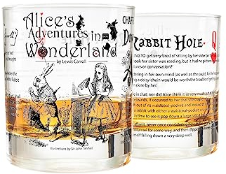 Greenline Goods Whiskey Glasses - Alice in Wonderland (Set of 2) | Literature Rocks Glass with Lewis Carroll Book Images & Writing