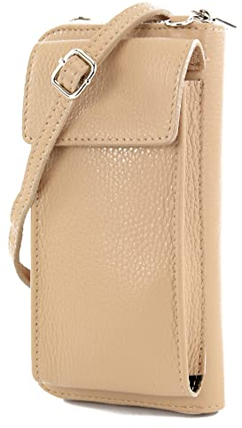 modamoda de P06 Damen Leder Umhängetasche Geldbörse Handytasche 6,5 Zoll handmade in Italy, Farbe:Beige