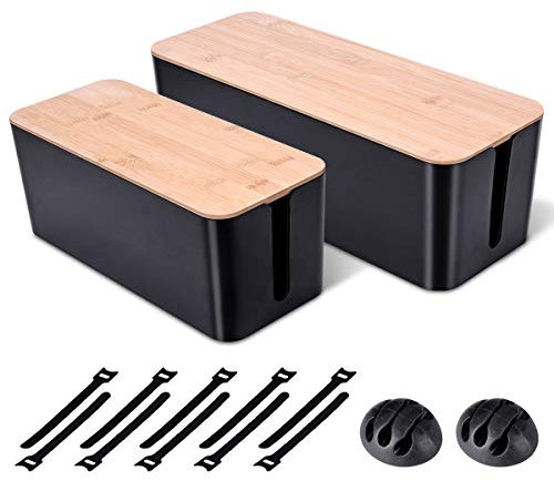 Kabelmanagementbox aus Holz, 2 Stück, groß, Router, USB-Hub und Steckdosenleiste unter dem Schreibtisch – sicheres ABS-Material und Baby-Pets Proof Lock (schwarz)