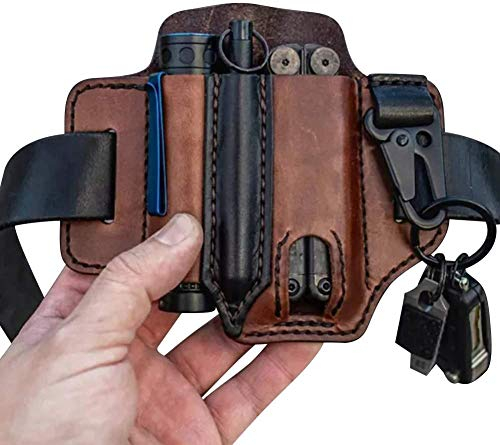 EDC Lederscheide Belt, Leder Gürtelschlaufe Taille Multitool Scheide mit Schlüsselhalter, Gürtelschlaufe mit Schlüsselhalter für Taschenlampe, Werkzeuge, Outdoor, Camping, Schwarz (Type C)
