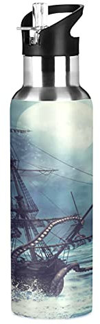 Wasserflasche mit Strohhalm, 600 ml, auslaufsicher, Wärmflasche, Kraken, Oktopus, Piratenschiff, vakuumisolierte Flasche für Jungen, Mädchen, Erwachsene, Outdoor-Sport