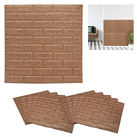 Relaxdays Paneles Pared Set 10 Diseño Ladrillo, Autoadhesivos, para Cortar a Medida, Gomaespuma, 70x70, Color Bronce