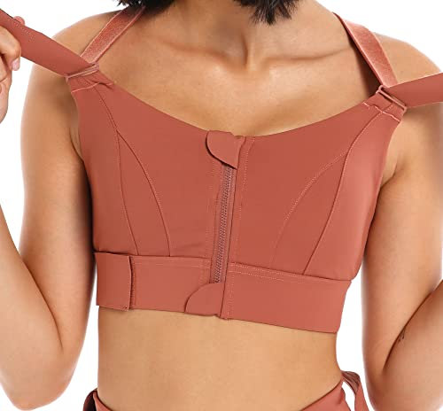 CLOUSPO Women Sports Bra Front Fastening High Impact Zip Front Post Surgery Running Yoga Zip Front Bras Crop Top with Adjustable Straps(L, Red)