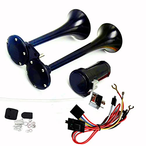 YIYDA Klaxon de Voiture Double Tube 24V Chrome Zinc Noir 150db à Air avec Pompe pour Camion Moto Bateau SUV
