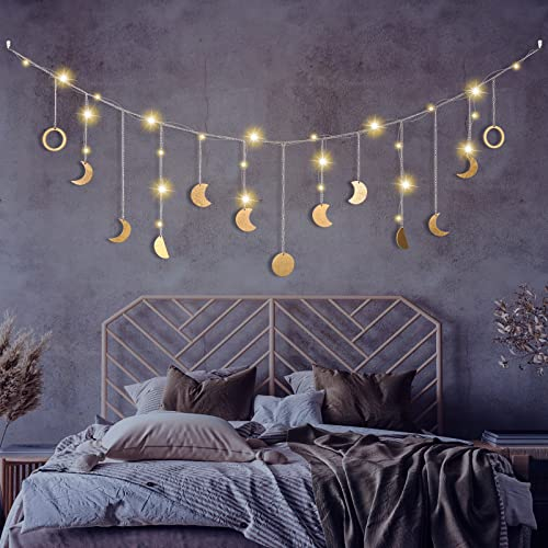 Mondphasen Girlande, Wanddeko Boho, Mond Girlande Aesthetic Room Wandbehang Decor Wohnzimmer, Schlafzimmer, Mondlampe Boho Deko Girlande Gold 144cm 13 Monde, mit LED Lichterkette