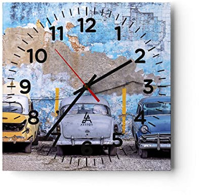 Modern Wanduhr Havanna Oldtimer Autos 30x30cm Quadrat Klein Wand Uhr Glas Analog Zimmeruhren Küche Büro Wohnzimmer Glasuhr Wall Clock Dekoration Design Wanddekoration Küchenuhr C4AC30x30-4376