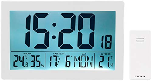 infactory Wanduhr Funk: XL-Funkuhr mit Doppel-Wecker, Thermo-/Hygrometer, Versandrückläufer (Wohnzimmer Funkuhr, Wanduhr Wohnzimmer lautlos, Wetterstationen)