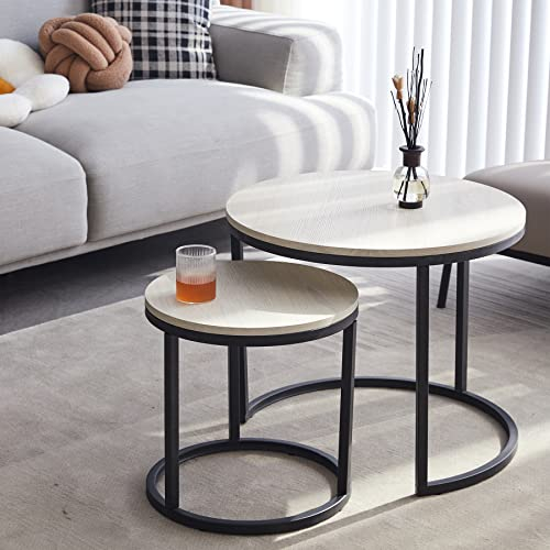 EGOONM 2er Set Couchtisch Rund, Satztische - Wohnzimmertisch Rund, Moderne Couchtische für Wohnzimmer und Balkon (MDF), 60 * 60 * 45 cm (groß) + 40 * 40 * 35 cm (klein) (Holzfarbe)
