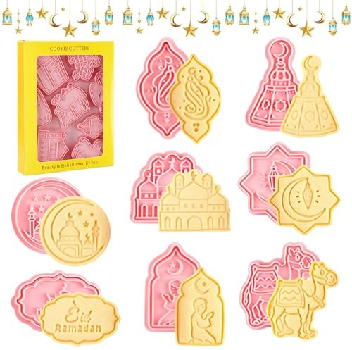 8 Stück Eid Mubarak Ausstecher Set, Eid Mubarak Ausstechformen, Ausstechformen Set Eid Mubarak, Slamische Muslimische Keksform, Stempelformen, 3D-Ramadan für Keksprägung, Fondant, Backwerkzeug (8E)