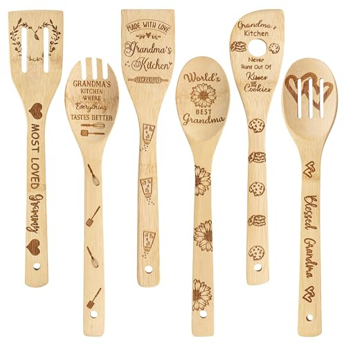 Haooryx Grandma Bamboo Spoons Utensils Set - 6Pcs Best Grandma Cooking Utensils Non-Stick Spoons Burned Bamboo Cookware Kitchen Gadget Kit Grandma Birthday Grandparent's Day Gift Housewarming Present