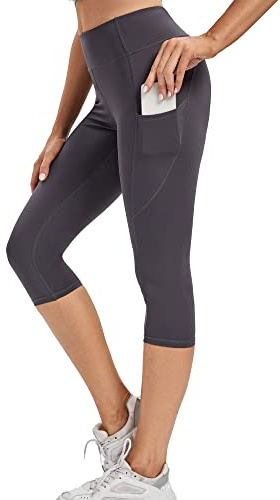 adorence Legging Court Femme, Legging de Sport Capri (Sentiment de Nudité,Taille Haute,Opaque) Pantalon 3/4 Yoga avec Poches - Gris Foncé, XS