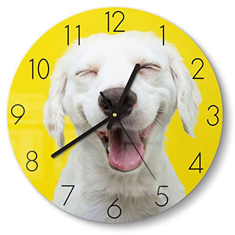 DEQORI Glasuhr | rund Ø 30 cm | Motiv Lachender Hund | ausgefallene leise Design Uhr aus Glas | Wanduhr für Wohnzimmer & Küche | moderne Hingucker Uhr für die Wand
