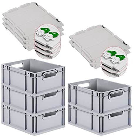 PROREGAL SuperSparSet 5x Eurobox NextGen Grip mit Scharnierdeckel und grünen Schiebeschnappverschlüssen, HxBxT 17x30x40cm, 16 L, Grau, Griffe offen, Eurobehälter, Transportbox