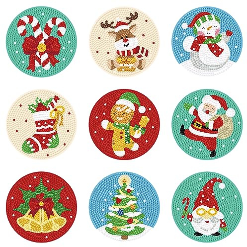 Lot de 9 Noël Dessous sous-Verres de Peinture de Diamant DIY Noël Ensemble de sous-Verres d'art de Diamant Tasse Boissons Dessous sous-Verres de Table Accessoires Peinture Diamant pour Verres (A)