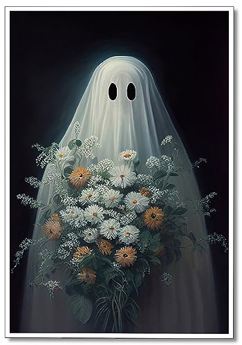Wodkodnxy Halloween-Geister-Leinwandkunst, lustige, niedliche Geister mit Blumen-Poster, dunkle Akademie, gruselige Raumdekoration, ästhetisch, Gothic-Kunstdruck, Gemälde für Schlafzimmer, Wohnzimmer,