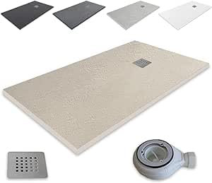Receveur de douche en résine Atlantic - outletaseo - Texture ardoise antidérapante avec siphon et grille (160 x 90, Beige Ral 1172)