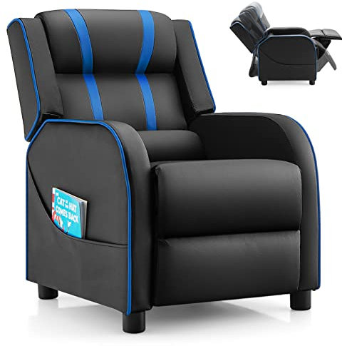 COSTWAY Children Recliner Chair, PU Leather Kids Armchair Sofa with Adjustable Backrest & Footrest, Side Pocket, Upholstered Gaming Lounger for Boys Girls (Black+Blue)