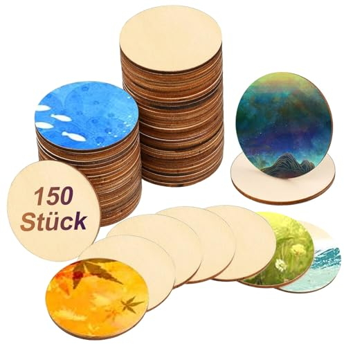 Holzscheiben zum Basteln Deko,150 Stück Buche Holz Runde Stücke,Klein Holz Log Scheiben,Holzchips aus natürlichem,20mm Unvollendete Holzkreise Runde Scheiben,Streudeko,Für DIY Handwerk Malen