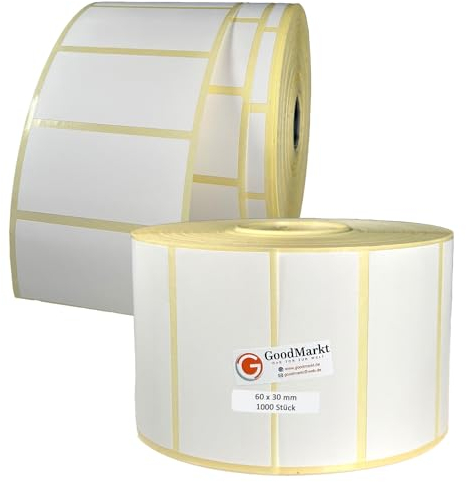 GoodMarkt Thermodirekt Etiketten selbstklebend | 60x30 mm 1 Rolle, weiß, 1000 Etiketten | Kompatibel mit Brother, Zebra | Haushaltsetiketten, Barcodeetiketten, Marmeladenetiketten