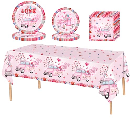 53Pcs Valentine's Day Disposable Party Tableware Kits Decorations for Lover,Pink Red Heart Party Table Cloth,7inch 9inch Paper Plates,Paper Napkins Tableware for Valentine's Day Birthday Wedding Party