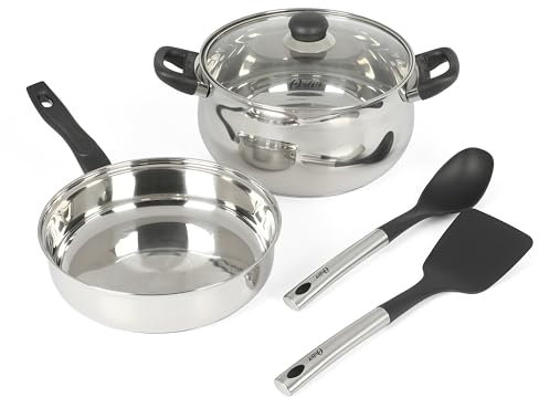 Oster Rametto - Juego de 5 ollas y sartenes de acero inoxidable con herramientas de cocina