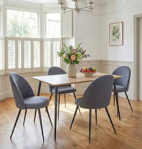 Hallowood Furniture Cullompton Small Dining Table and Chairs Set 4 120x70cm | Oak Effect Rectangular Kitchen Table and Chairs in Curved-Back, Dark Grey Linen Fabric with Metal Legs, 5 Piece Dining Set