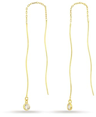Einzelstück® Durchzieher Ohrringe Wave hängend I Stäbchen Ohrhänger Mit Zirkonia Stein I 925 Sterling Silber 14K Roségold vergoldet I Silber Ohrringe hängend I Handgefertigtes Unikat (Gold)