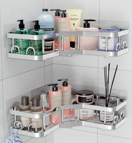 HURUC Corner Shower Caddy – 2 Pack Rustproof, Bathroom Corner Shelves, No-Drill Adhesive, Suction for Accessories and Storage, Silver