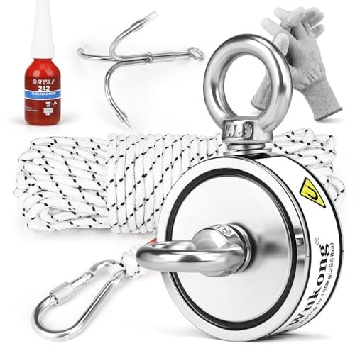 Wukong Magnetfischen Set, 130kg (286lb) starke Zugkraft, beidseitiger Magnet zum Magnet Fischen mit Seil, Haken, Handschuhen Gewindesicherung, Neodym-Magneten zur Bergung Gegenstände unter Wasser