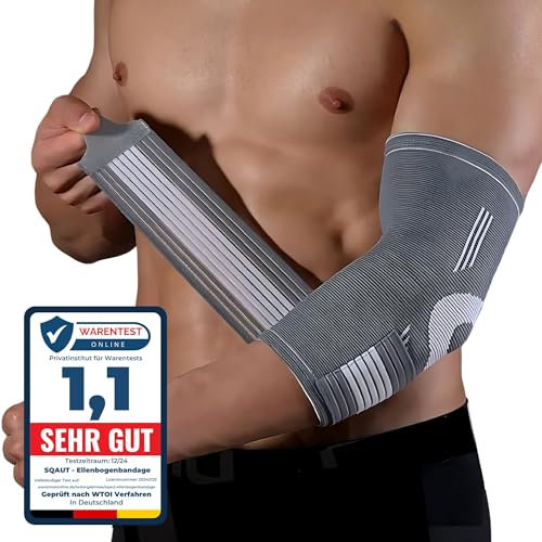 SQAUT® Ellenbogenbandage 1 Stück Ellenbogen Bandage Herren und Damen für Sport, Tennisarm und Golferarm Ellbogen Stütze Armbandage mit Klettbänder Klettgürtel Elbow Brace Elbow Support (Grau XL)