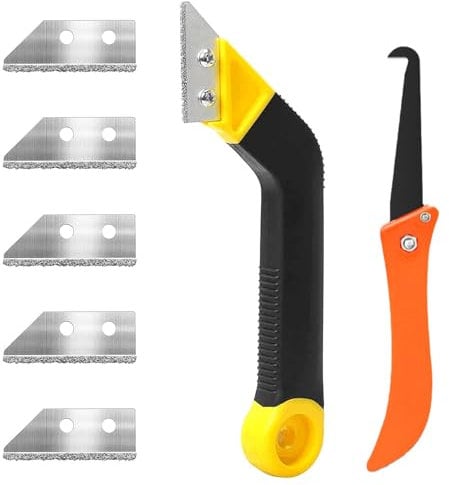 Pro Grout Scraping Rake Tool Floor Tile Grout Saw Sturdy Angled Grout Scraping Rake Tool with 5 Pcs Blades Replacement Accessories for Tile Cleaning