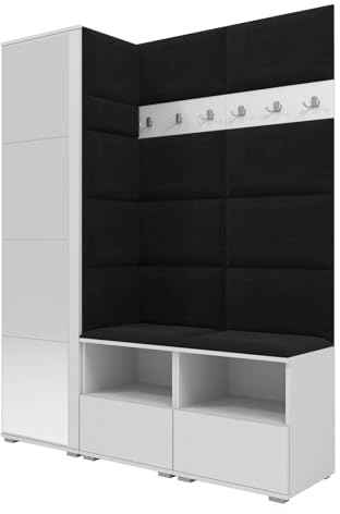 RAVIO Garderoben-Set NELA II mit Spiegel, 150cm Praktischer Wandgarderobe, Zwei Schuhschränke und Hochschrank, gepolsterte Paneele und Montagekleber inklusive (Weiß + Schwarz (Trinity 16))