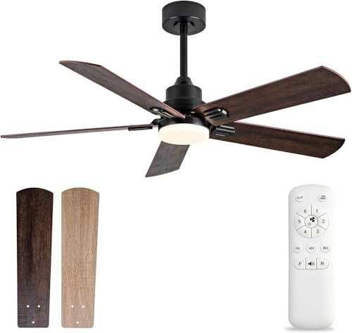 PTLYE Ceiling Fans with Lights, 52 Inch Ceiling Fan with Remote, Modern Ceiling fan for Bedroom Living Room, Black Ceiling Fan Lights, for Outdoor Indoor and 5 Blades Quiet Reversible DC