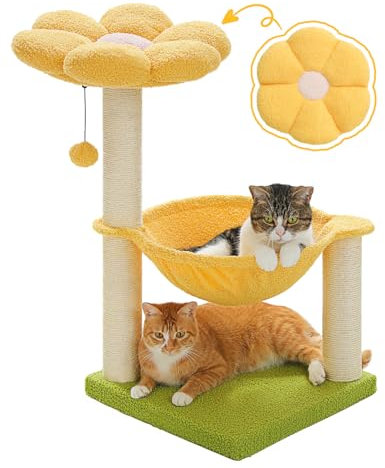 MUTTROS Árbol de gato de flores de 28 pulgadas con percha superior de flores, hamaca grande para gatos pequeños de interior, torre para gatos pequeños con bonito poste rascador y bola de juguete de