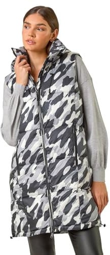 Roman Originals Quilted Gilet with Hood for Women UK Ladies Sleeveless Coat Hooded Jacket Padded Bodywarmer Winter Lightweight Warm Autumn Funnel Neck Longline Soft Bubbly - Light Grey - Size 20