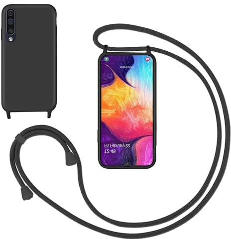 GoodcAcy Handykette Handyhülle für Samsung Galaxy A50,Smartphone Necklace Hülle mit Band Schutzhülle mit Kette zum umhängen Halskette Flüssig Silikon Case für Samsung Galaxy A50,Schwarz