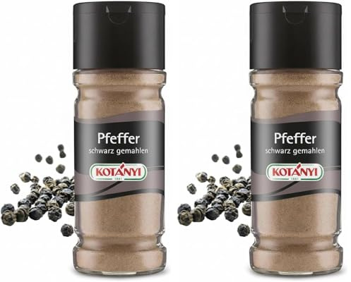 Kotányi Pfeffer schwarz gemahlen, für die perfekte Schärfe, ideal für Fleisch, Fisch, Gemüse, im praktischen Glas, 80 ml (Packung mit 2)
