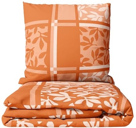 Leonado Vicenti Winterbettwäsche Biber 135x200 cm Kissenbezug 80x80 cm Orange Weiß gestreift kariert Reißverschluss pflegeleicht warm für kalte Wintertage 2 teilig