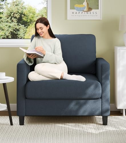 Welzona Sessel Wohnzimmer, 84 cm Lesesessel Bequem, Werkzeuglose Einrichtung Lounge Sessels, Ganz-Holz Schlafzimmer Reading Chair, Teddy Mini Couch, Sofa Klein Für jugendzimmer, Blau Grau