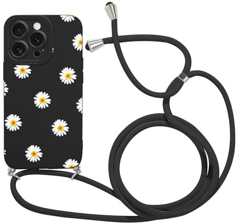 Kueqeay Coque avec Cordon pour iPhone 16 Pro 6,3 avec Motif Marguerite Noir Case, Aesthetic Silicone étui avec Collier Réglable Corde Souple TPU Antichoc Housse de Protection pour Femmes, 05