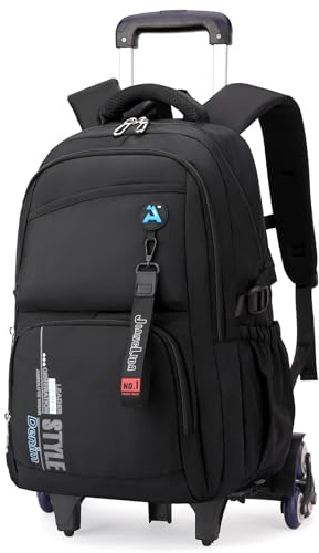 Tanou Schulrucksack mit Rollen für Jungen Herren, 36L Rucksack Großer Teenager mit 6 Räder, Wasserdichter Trolley Schulranzen Schwarz Lässiger Daypack