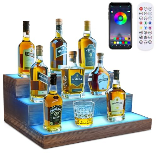 3 Tier Wine Rack with Light LED Liquor Bottle Display Case Acrylic Illuminated Bar Bottle Display Shelf RGB Lighting for Home Commercial Bar Party